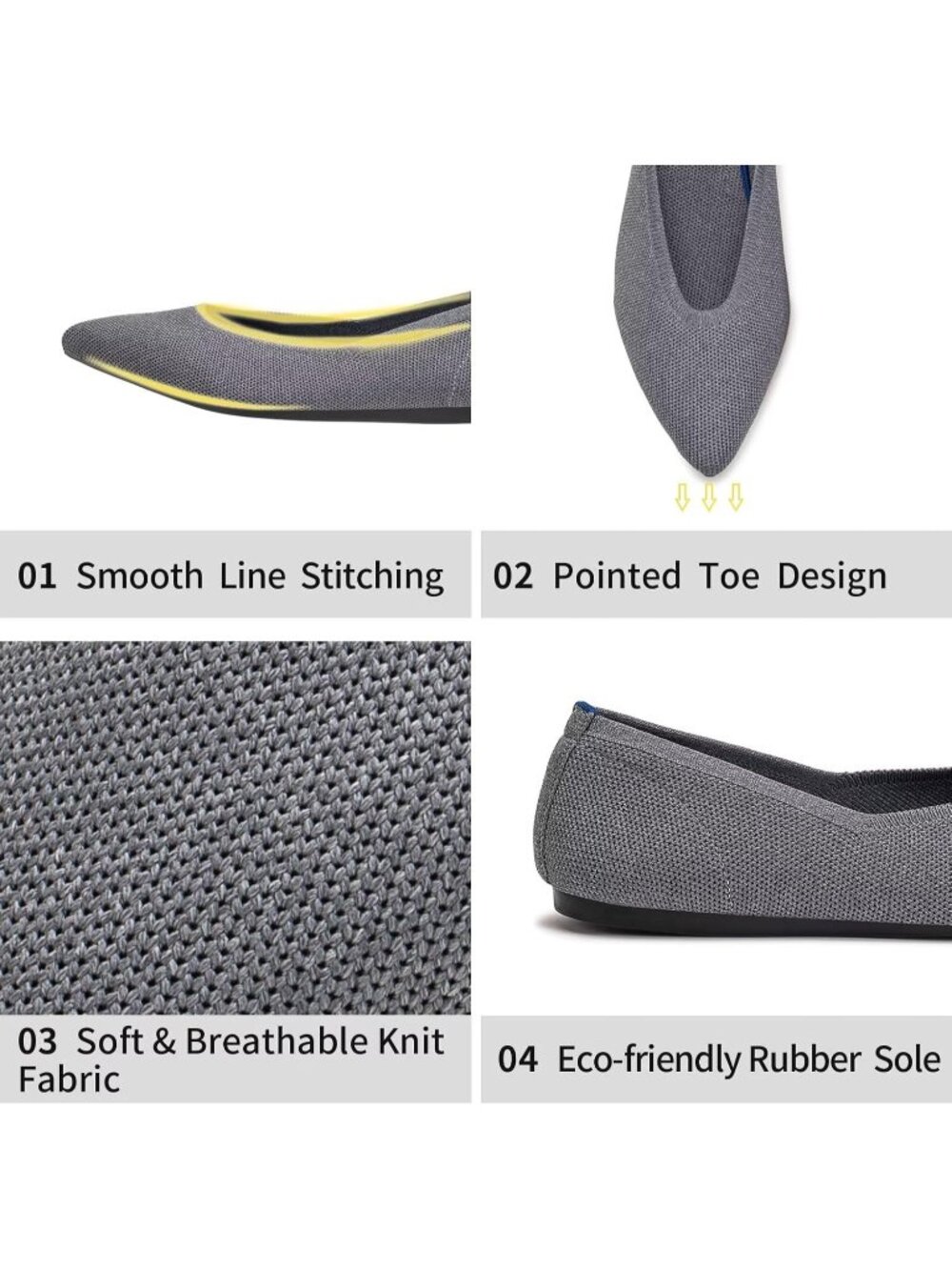 Women's Grey Solid Comfort Pointed Toe Softable Pull On Knit Casual Flat Shoes - Picture 3 of 6